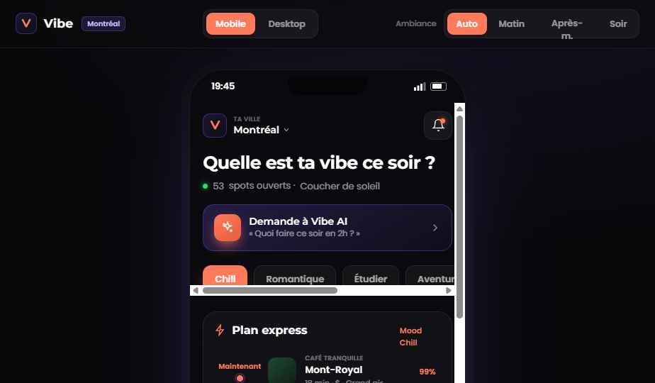 Accueil mood-first — « Quelle est ta vibe ce soir ? »
